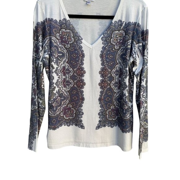 Cache Long Sleeve V-Neck Paisley Print Metal Beaded Stretch Shirt Blouse Top L - Picture 1 of 9